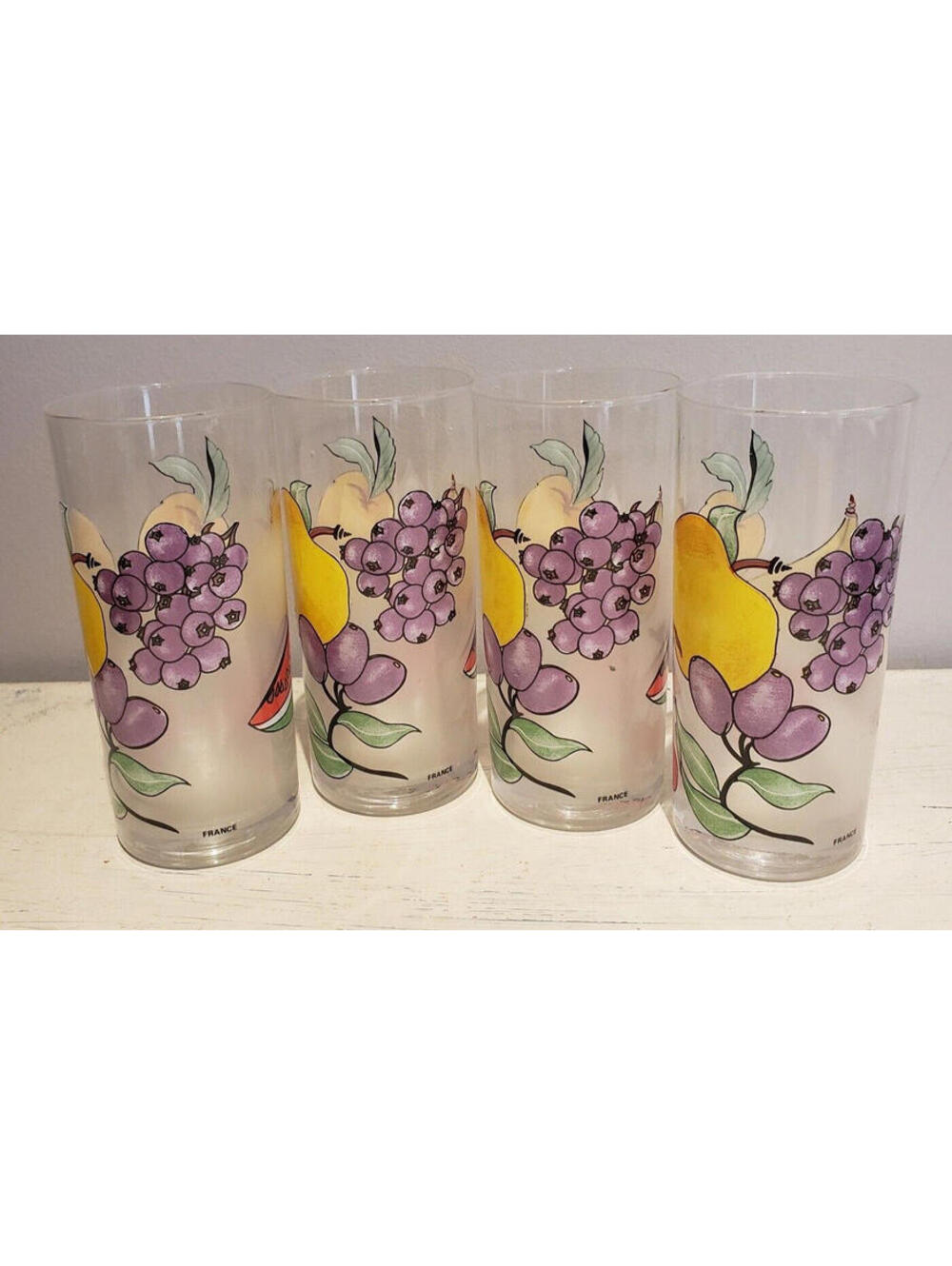 VTG Fruits Pattern Drinking Glass Tumblers Set of 4 France